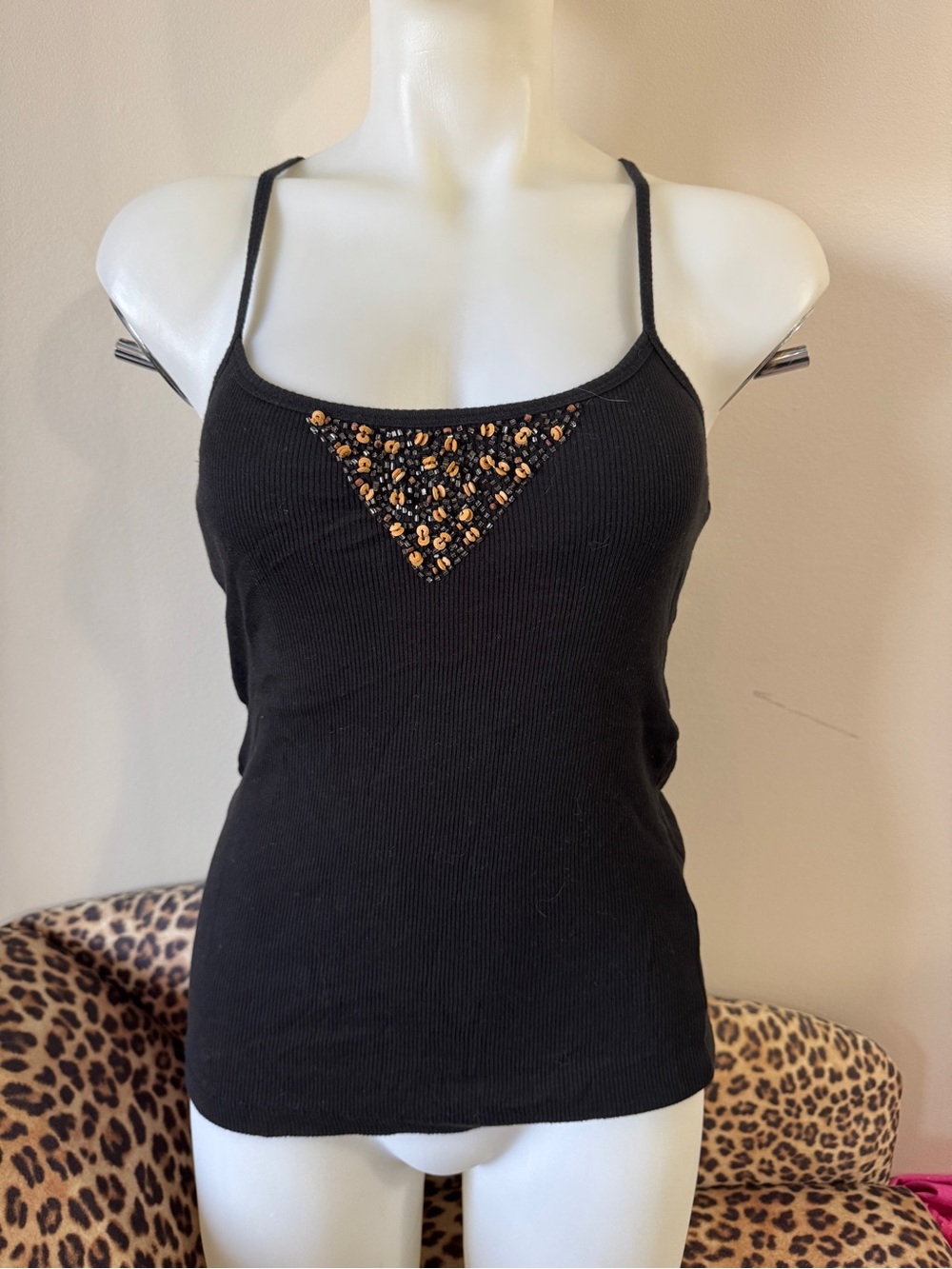 Y2K Nolita Black Beaded Triangle-Accent Spaghetti Strap Tank Top